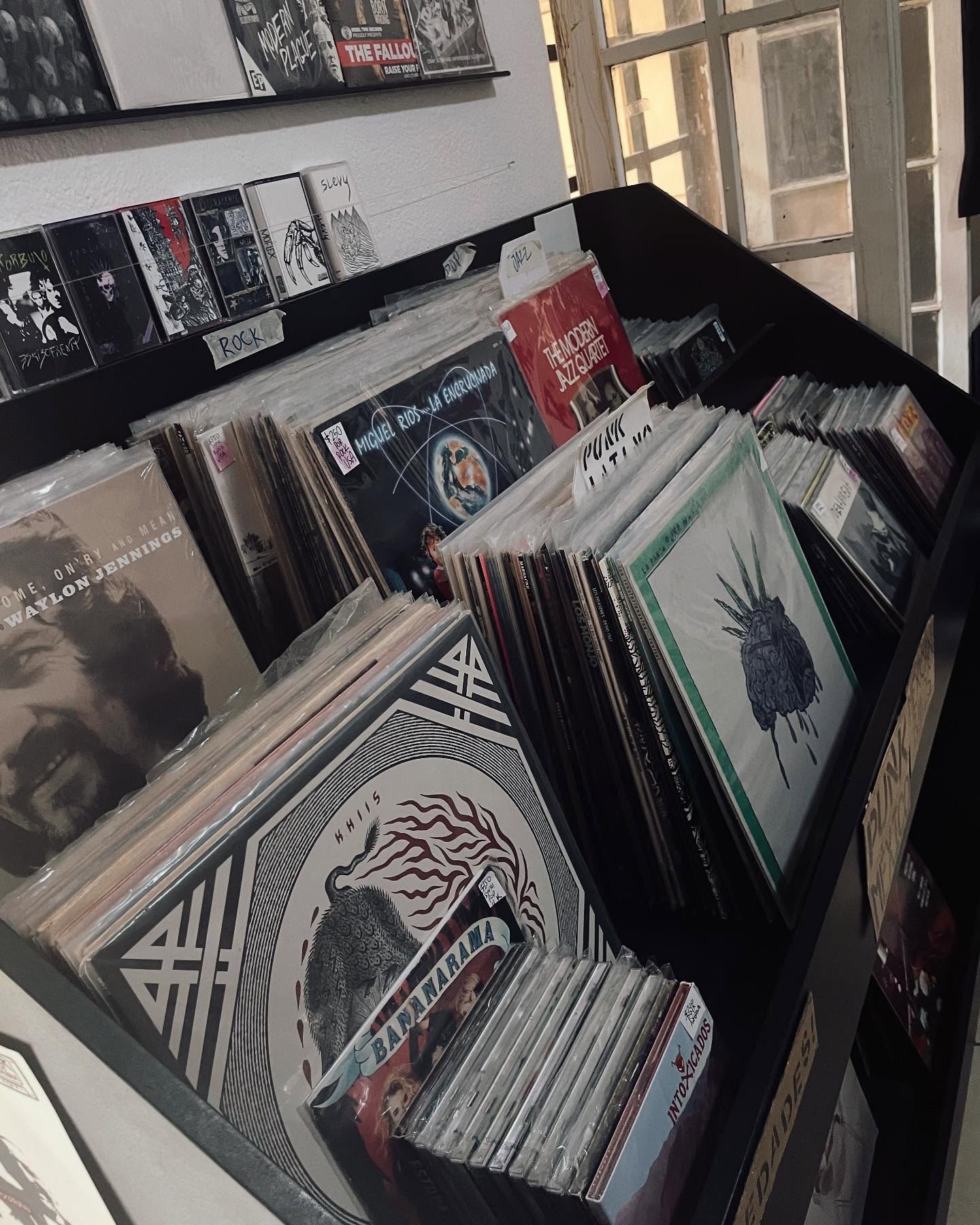 Mueble con vinilos y discos compactos dentro de Grillo Negro Discos
